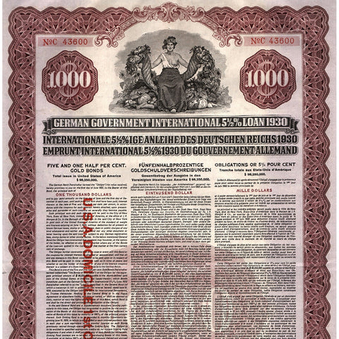 German Government International Loan 1930 $1000 Bond Certificate