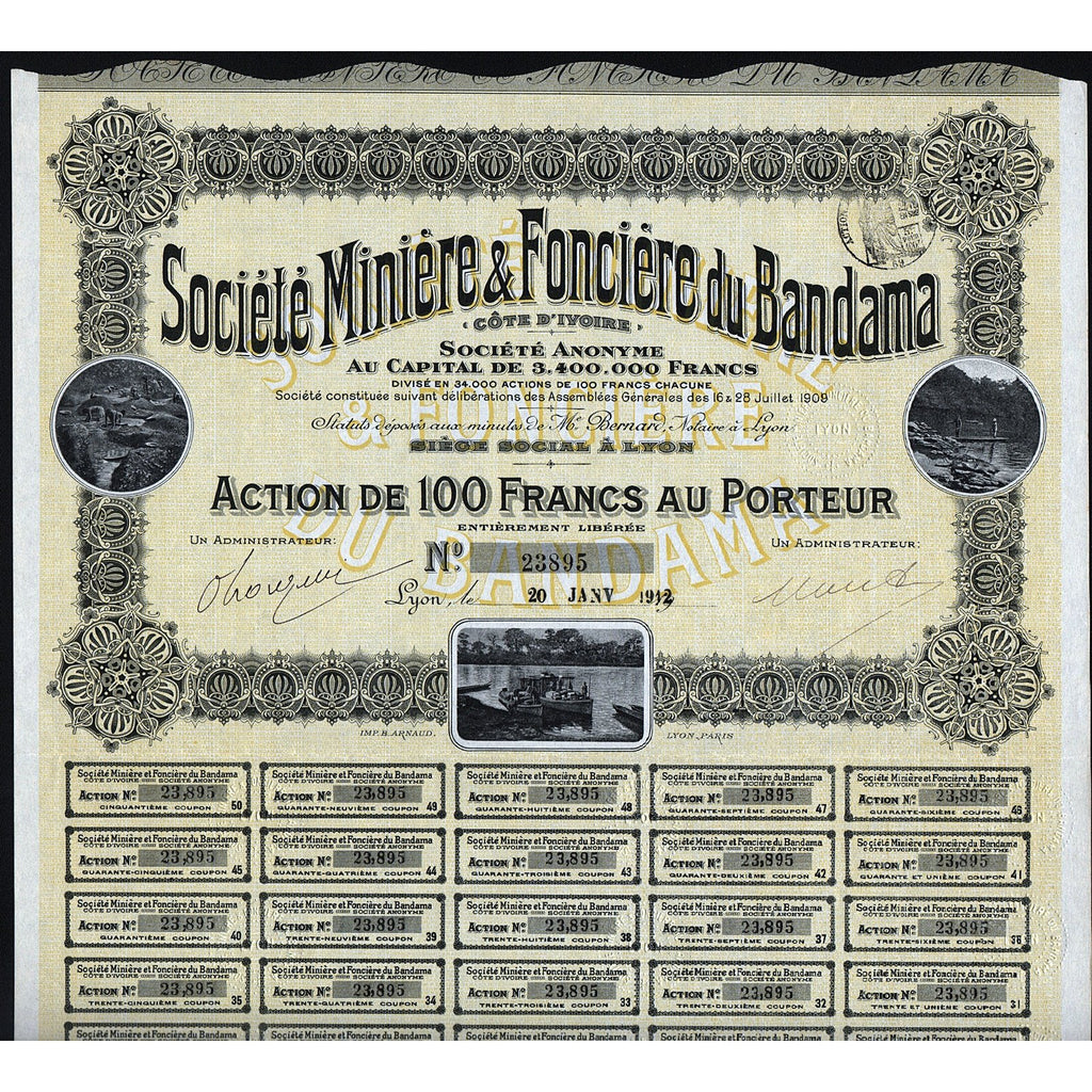 Societe Miniere & Fonciere du Bandama 1912 Ivory Coast Stock Certificate