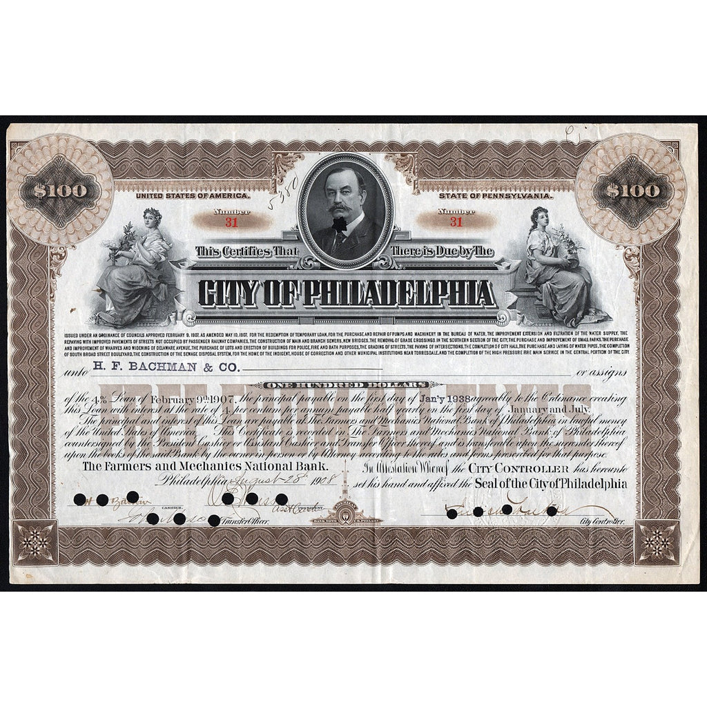 City of Philadalphia - $100 Loan 1908 Pennsylvania Bond Certificate