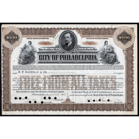 City of Philadalphia - $100 Loan 1908 Pennsylvania Bond Certificate
