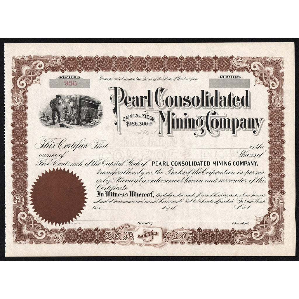 Pearl Consolidated Mining Company Washington Stock Certificate