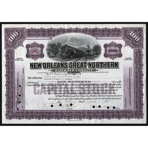 New Orleans Great Northern Railroad Company 1917 Stock Certificate