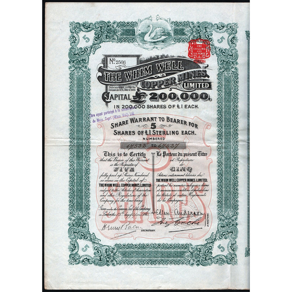 Whim Well Copper Mines, Limited 1910 Australia Share Certificate