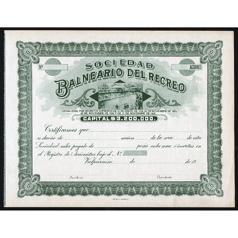 Sociedad Balneario del Recreo Valparaiso Chile Stock Certificate