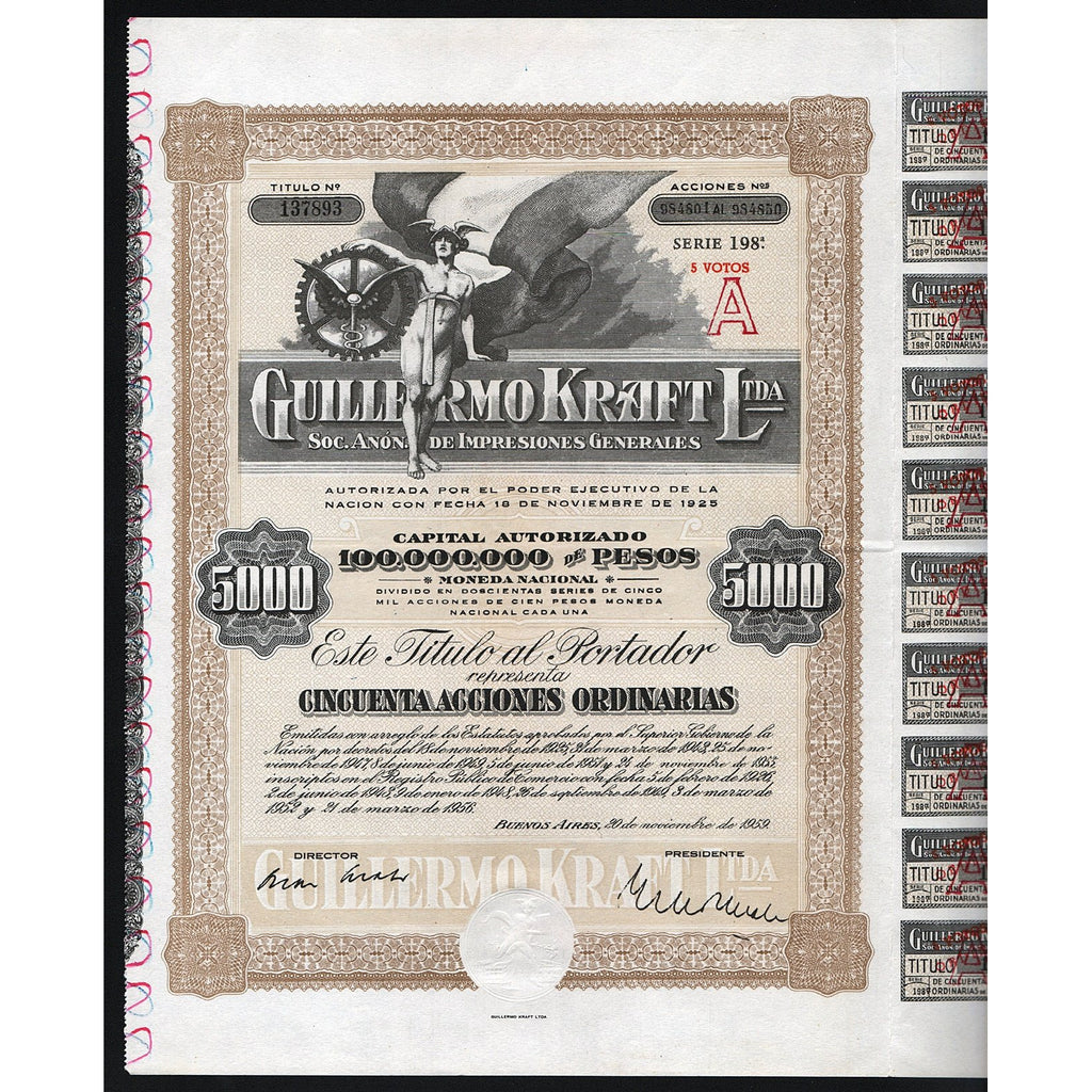 Guillermo Kraft Ltda Buenos Aires, Argentina 1959 Stock Certificate