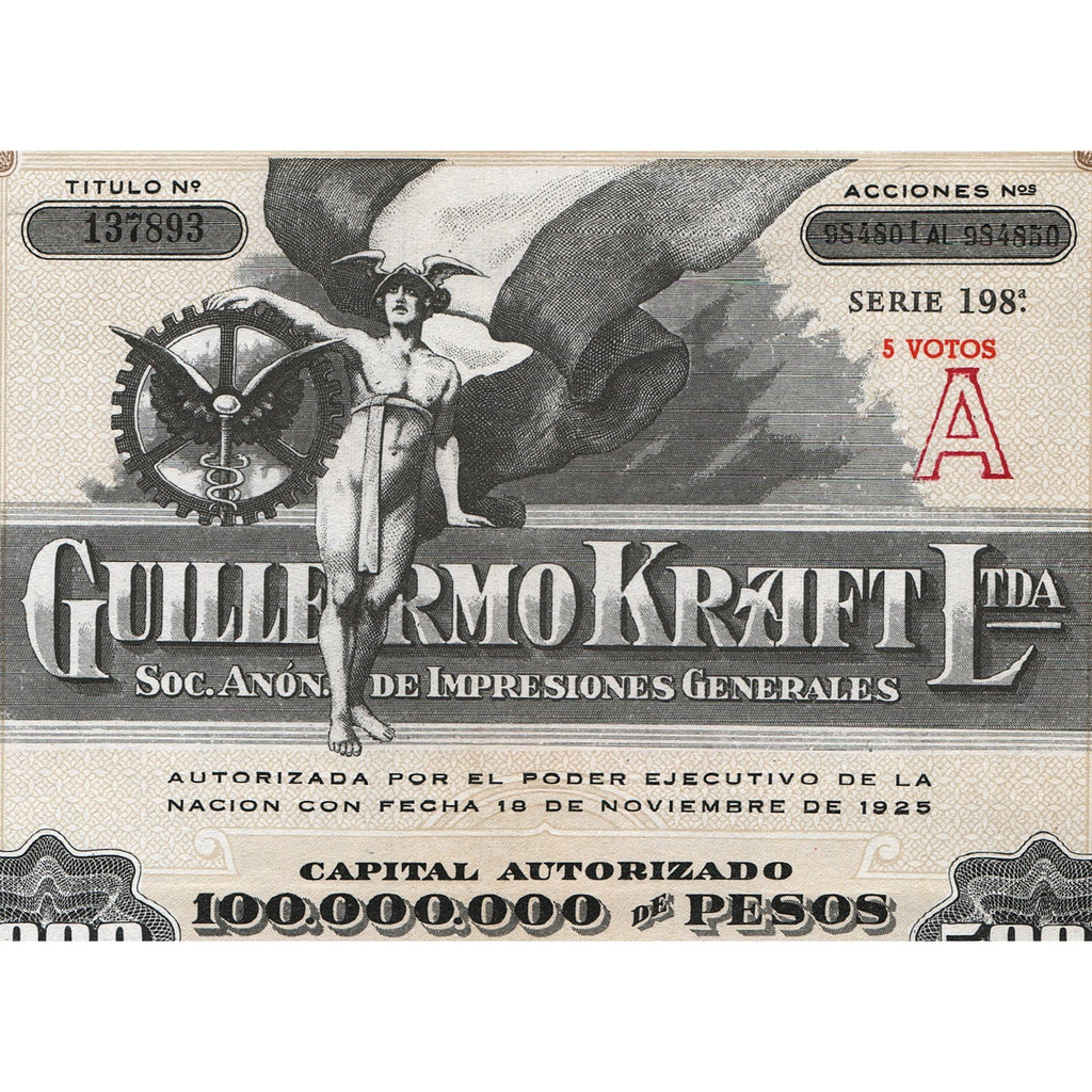 Buenos Aires, Argentina Guillermo Kraft Ltda 1959 Stock Certificate