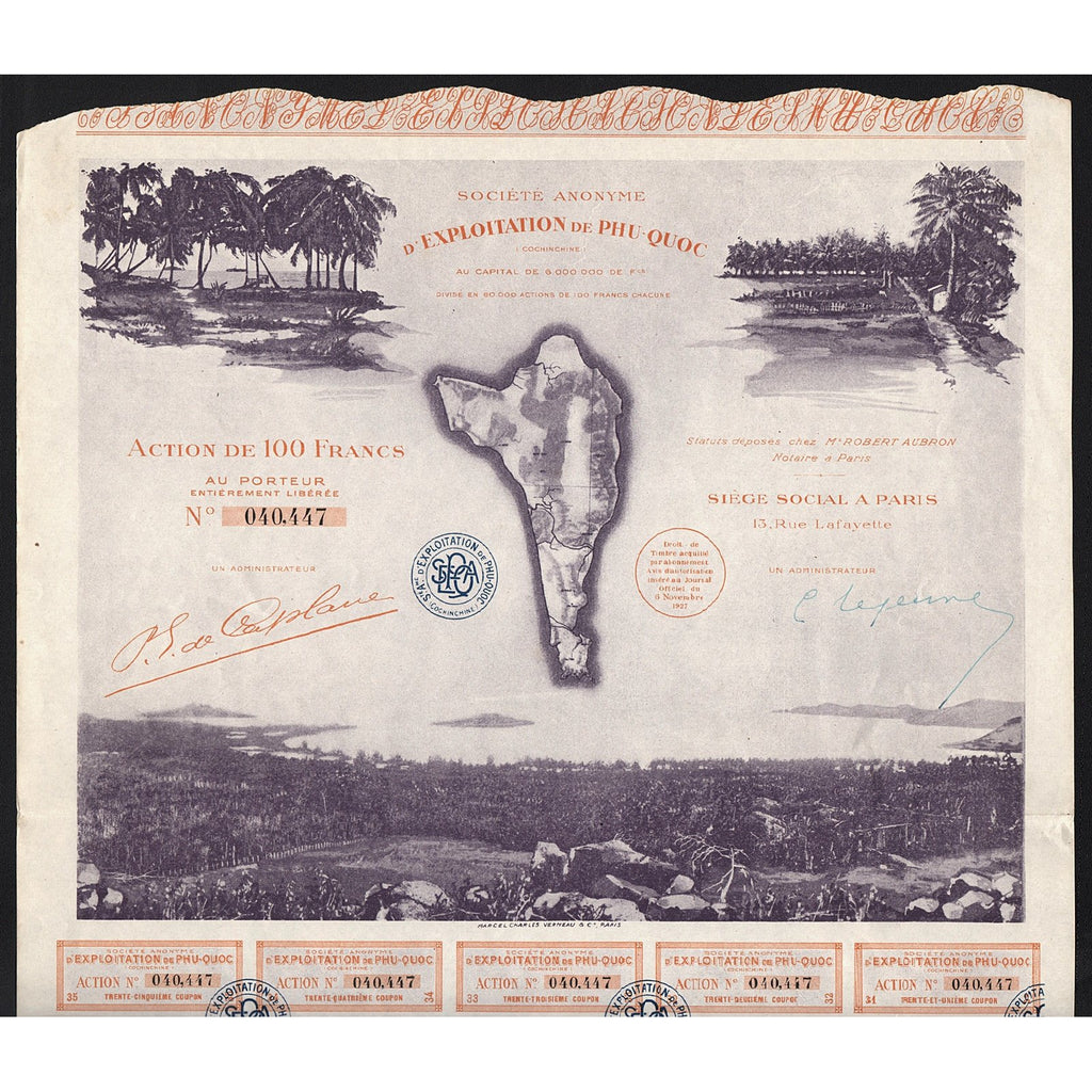Societe Anonyme D'Exploration de Phu-Quoc (Cochinchine) 1927 Stock Certificate