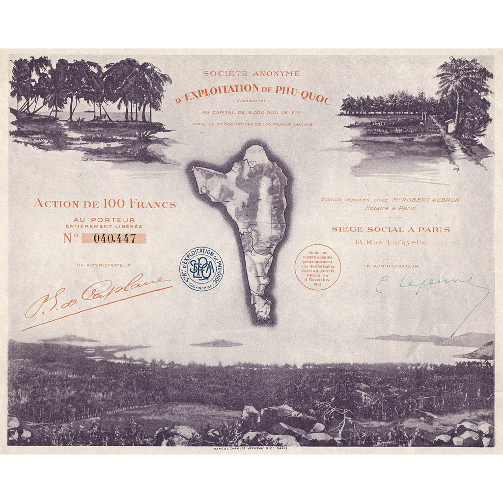 Societe Anonyme D'Exploration de Phu-Quoc (Cochinchine) 1927 Stock Certificate