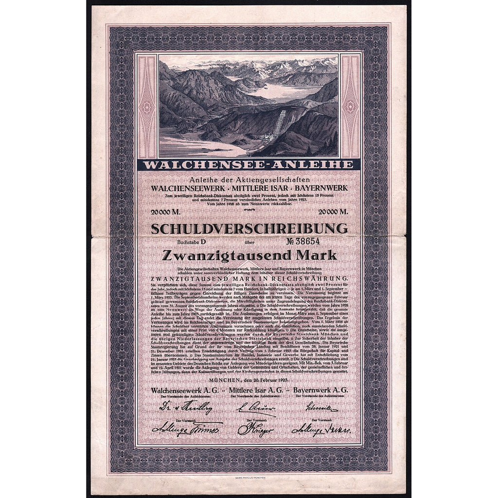 Walchensee-Anleihe Walchenseewerk - Mittlere Isar - Bayernwerk 1923 Germany