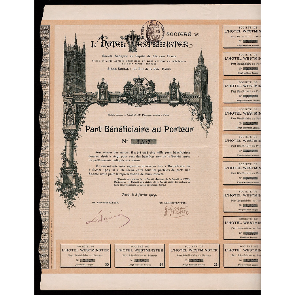 Societe de l'Hotel Westminster 1904 France Stock Certificate