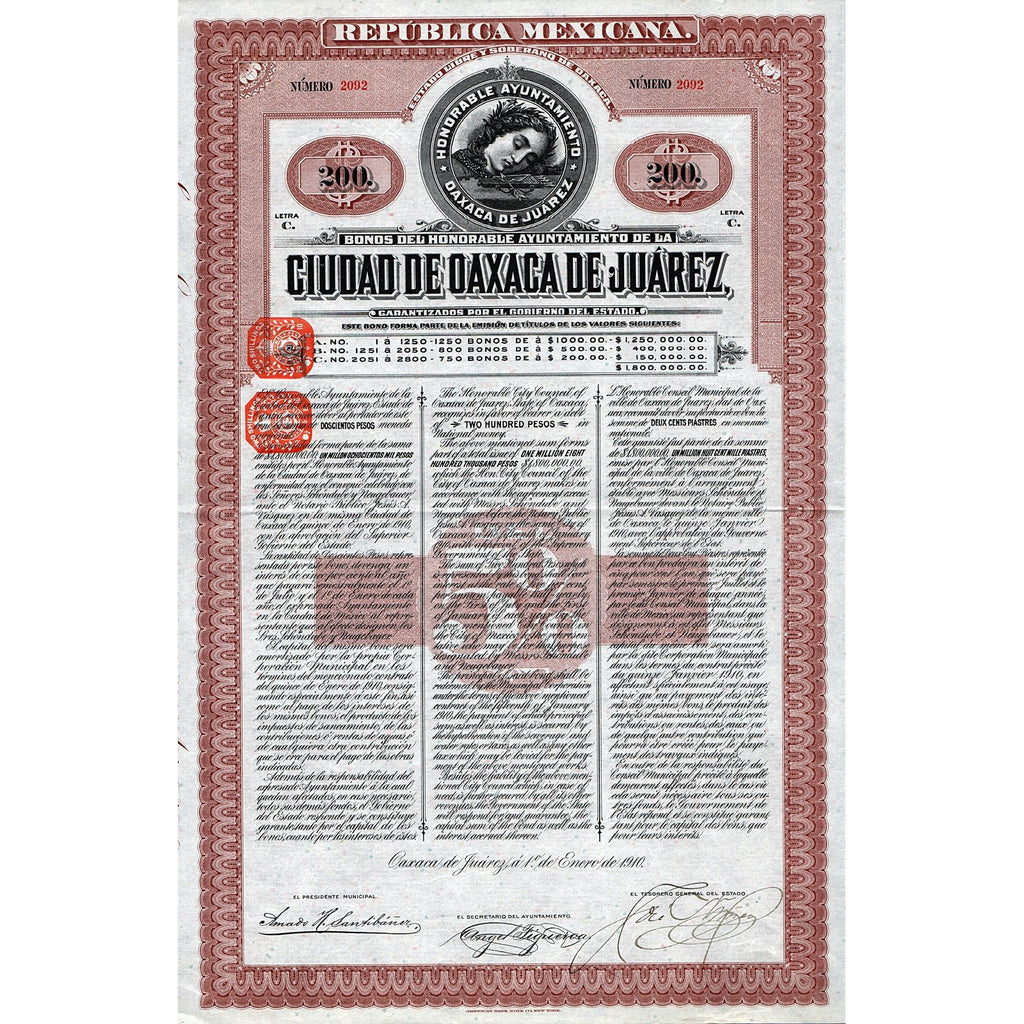 Bonos del Honorable Ayuntamiento de la Ciudad de Oaxaca de Juarez 1908 Mexico Stock Bond Certificate