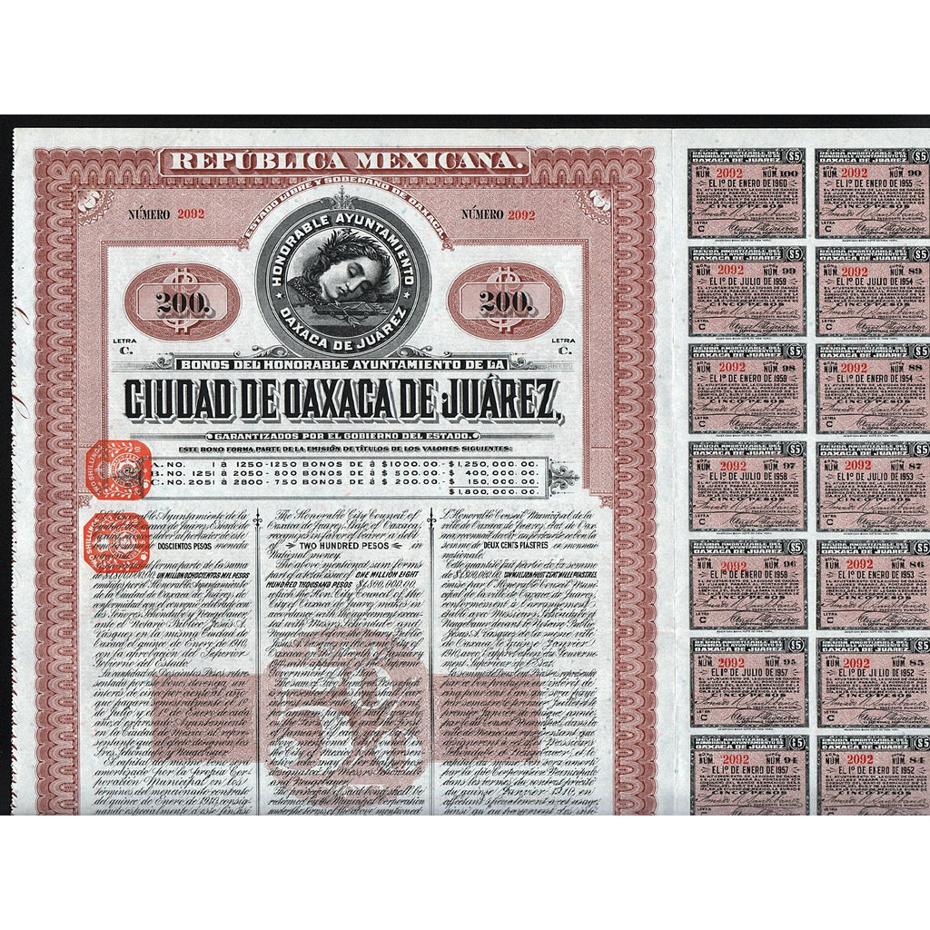 Bonos del Honorable Ayuntamiento de la Ciudad de Oaxaca de Juarez 1908 Mexico