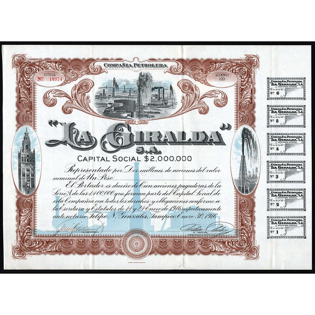 Compania Petrolera "La Giralda" S.A. 1916 Mexico Stock Certificate
