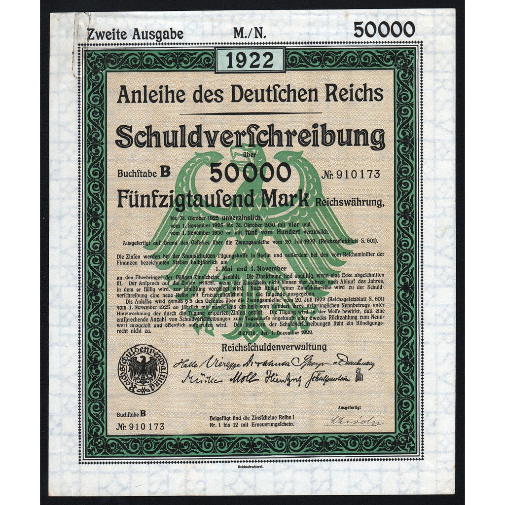Anleihe des Deutschen Reichs - 50,000 Mark 1922 Germany Treasury Bond