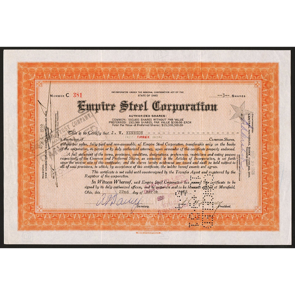 Empire Steel Corporation 1928 Mansfield Ohio Stock Certificate