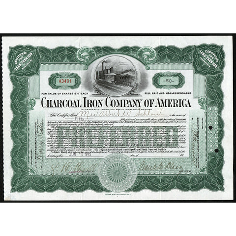 Charcoal Iron Company of America 1919 Michigan Stock Certificate