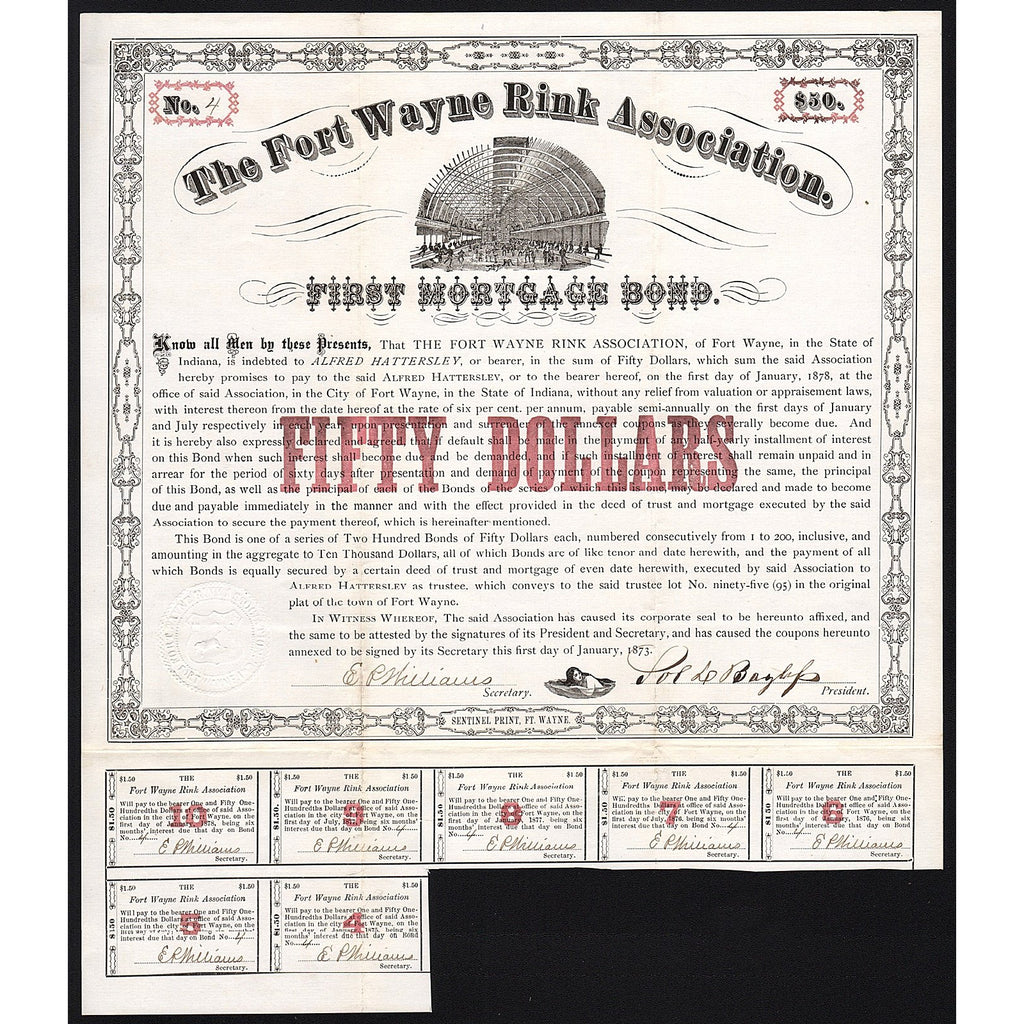 The Fort Wayne Rink Association 1873 Indiana Bond Certificate