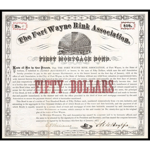 The Fort Wayne Rink Association 1873 Indiana Bond Certificate