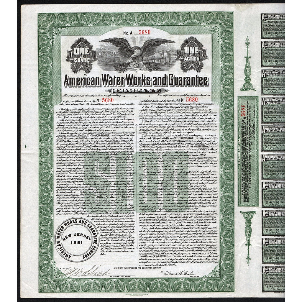 American Water Works and Guarantee Company 1912 New York Stock Bond Certificate