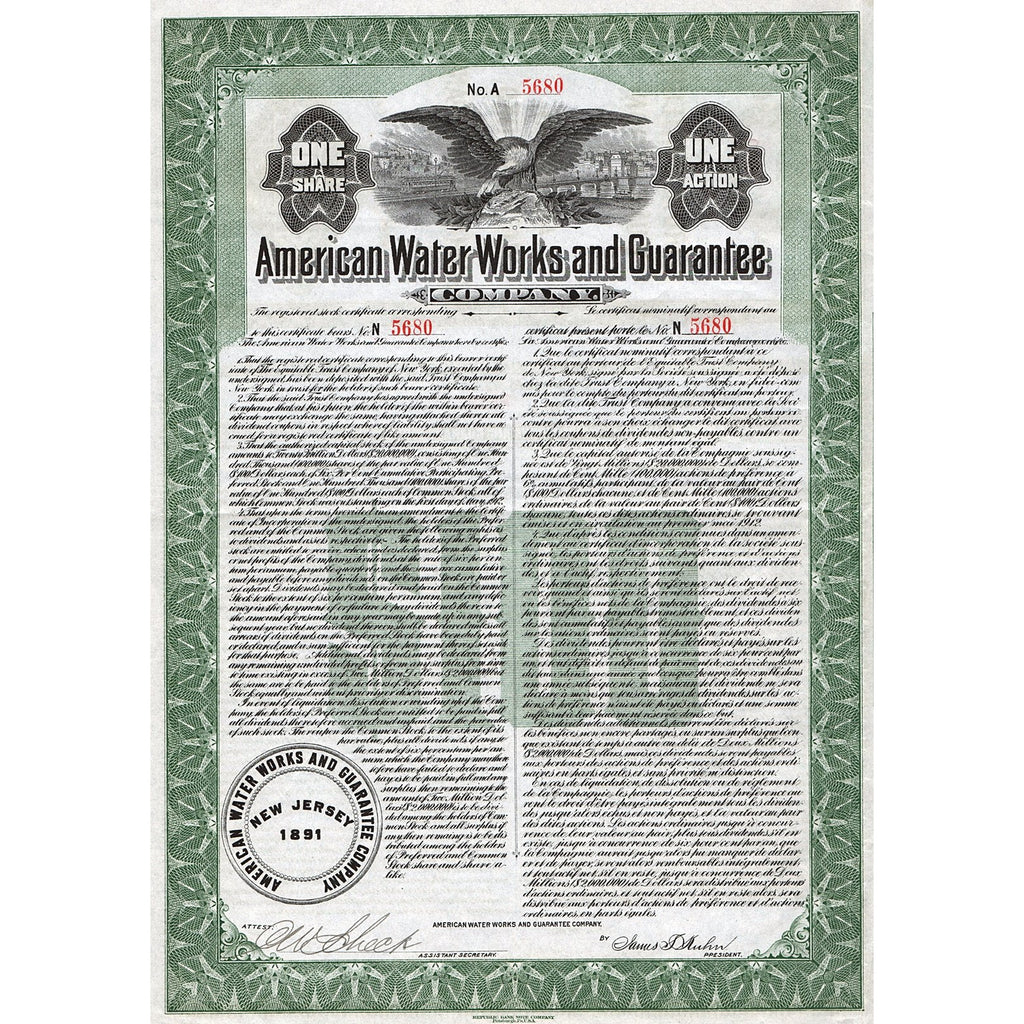 American Water Works and Guarantee Company 1912 New York Stock Bond Certificate