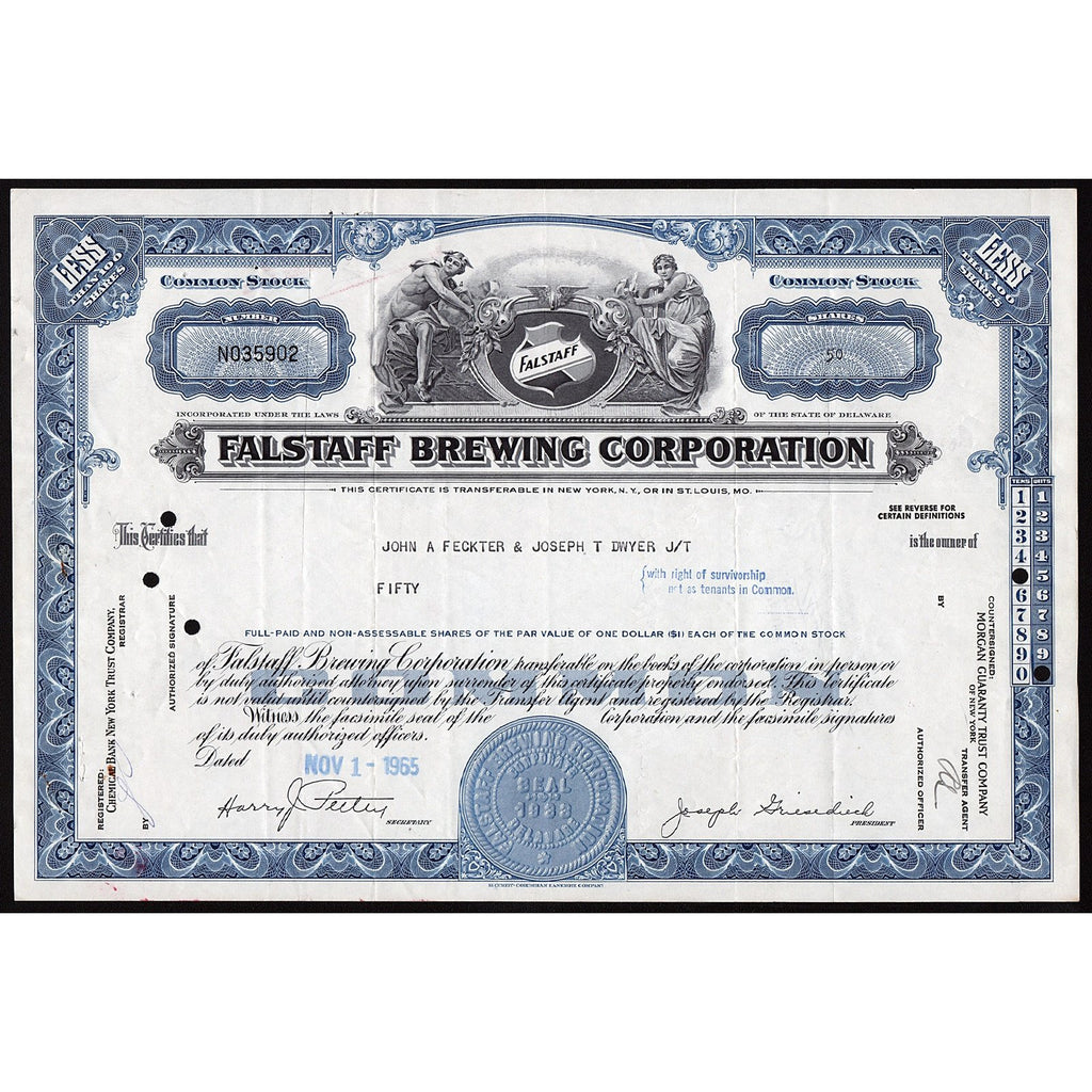 Falstaff Brewing Corporation Beer Brewing Stock CertificateFalstaff Brewing Corporation Beer Brewing Stock Certificate