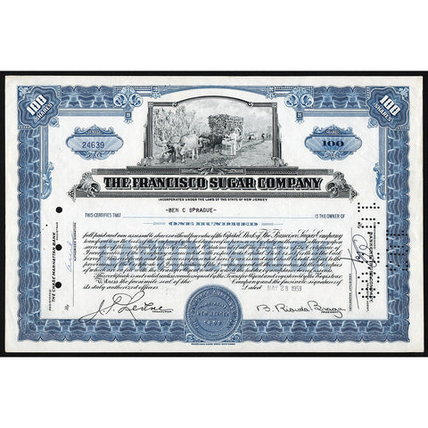 The Francisco Sugar Company New Jersey Stock Certificate