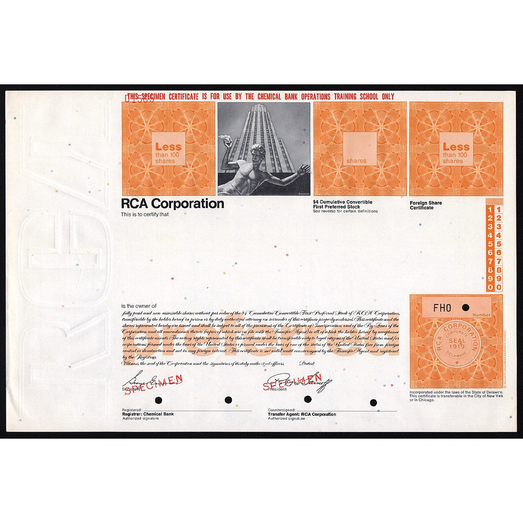 RCA Corporation (Radio Corporation of America) Stock Certificate