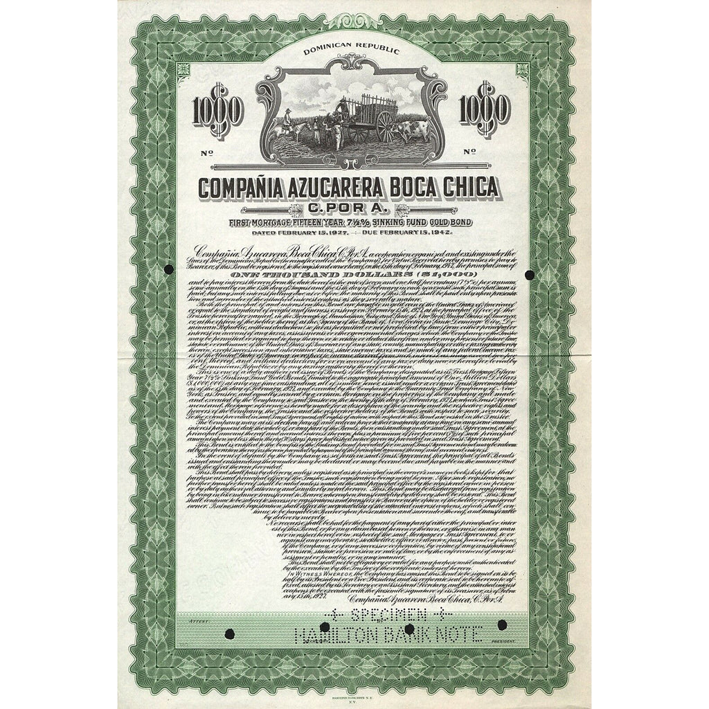 Compania Azucarera Boca Chica 1927 Dominican Republic Bond Certificate