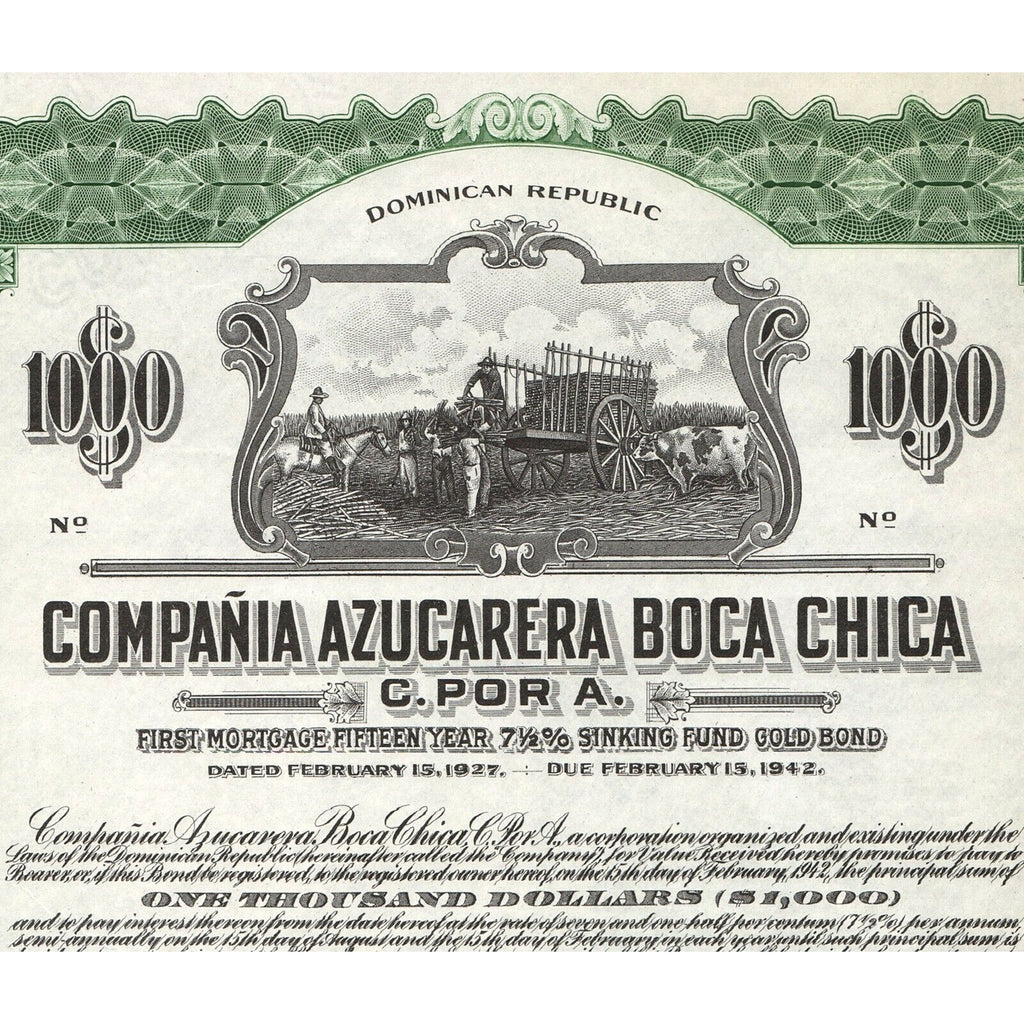 Compania Azucarera Boca Chica 1927 Dominican Republic Stock Certificate