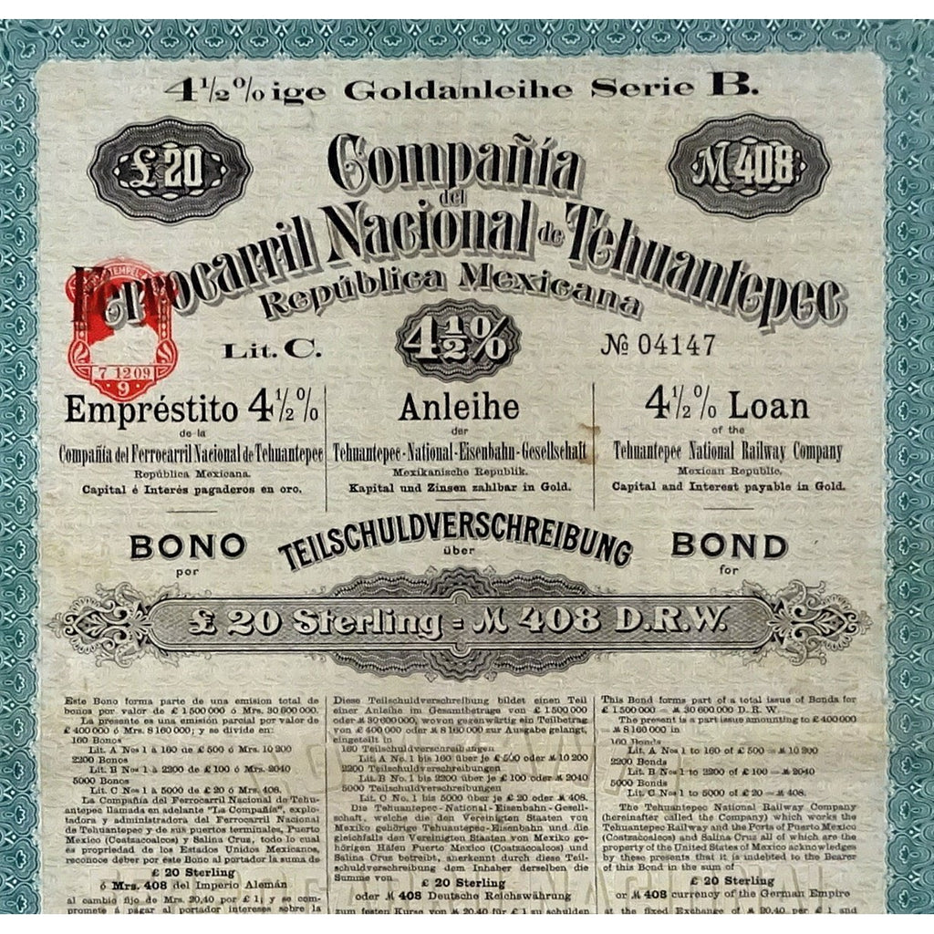 Tehuantepec National Railway Company 1910 Mexico Gold Bond Certificate
