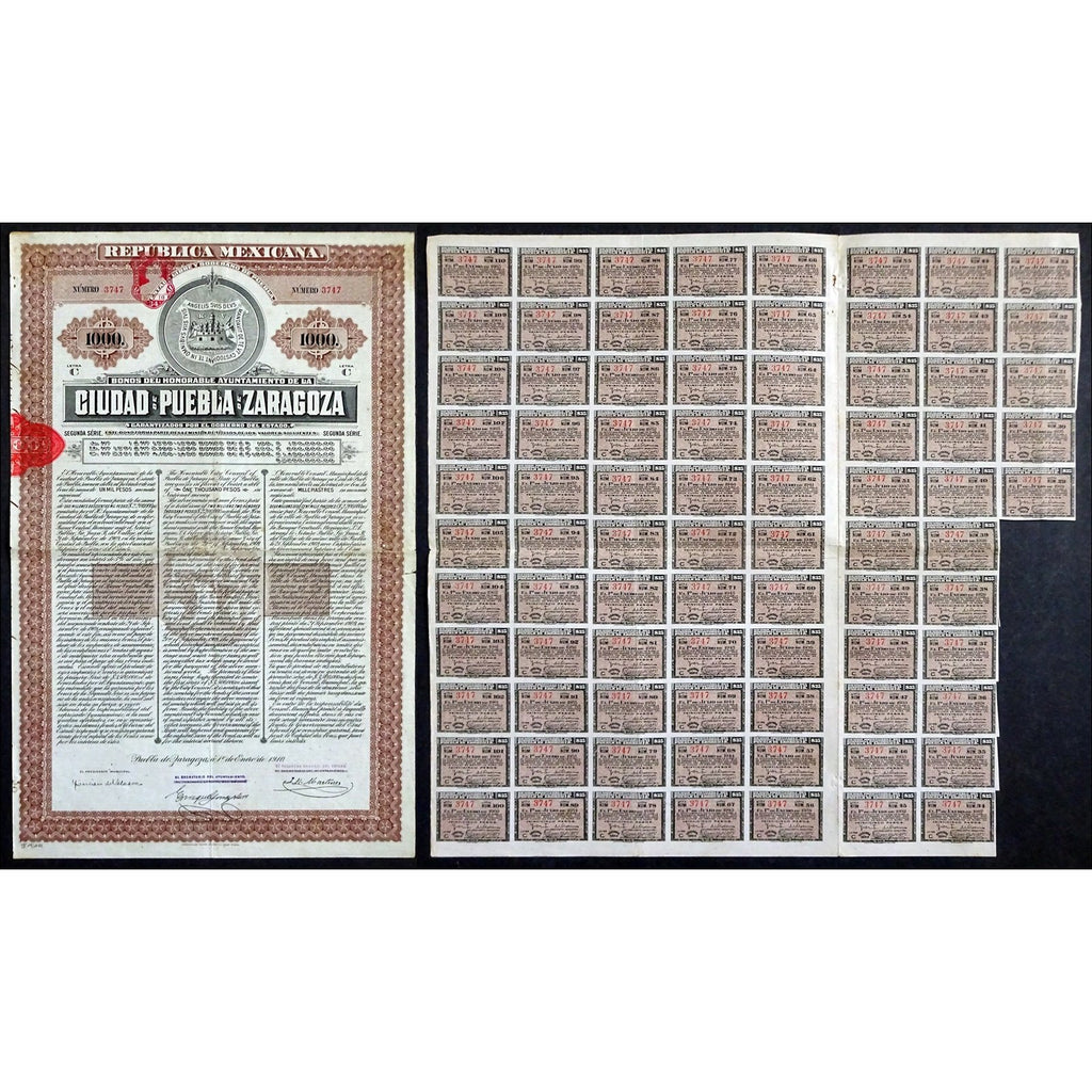 Bonos del Honorable Ayuntamiento de la Ciudad de Puebla de $1000 Zaragoza 1910 Mexico