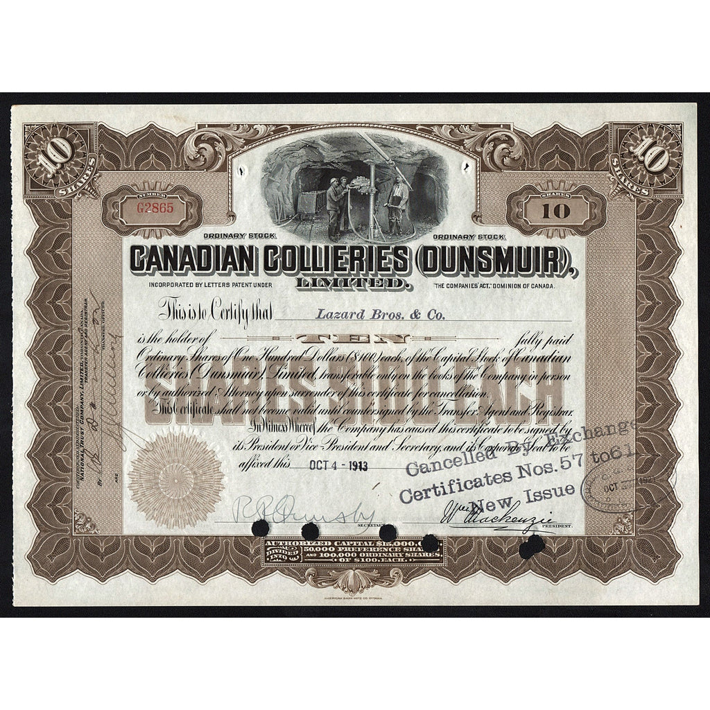 Canadian Collieries (Dunsmuir), Limited Canada Stock Certificate