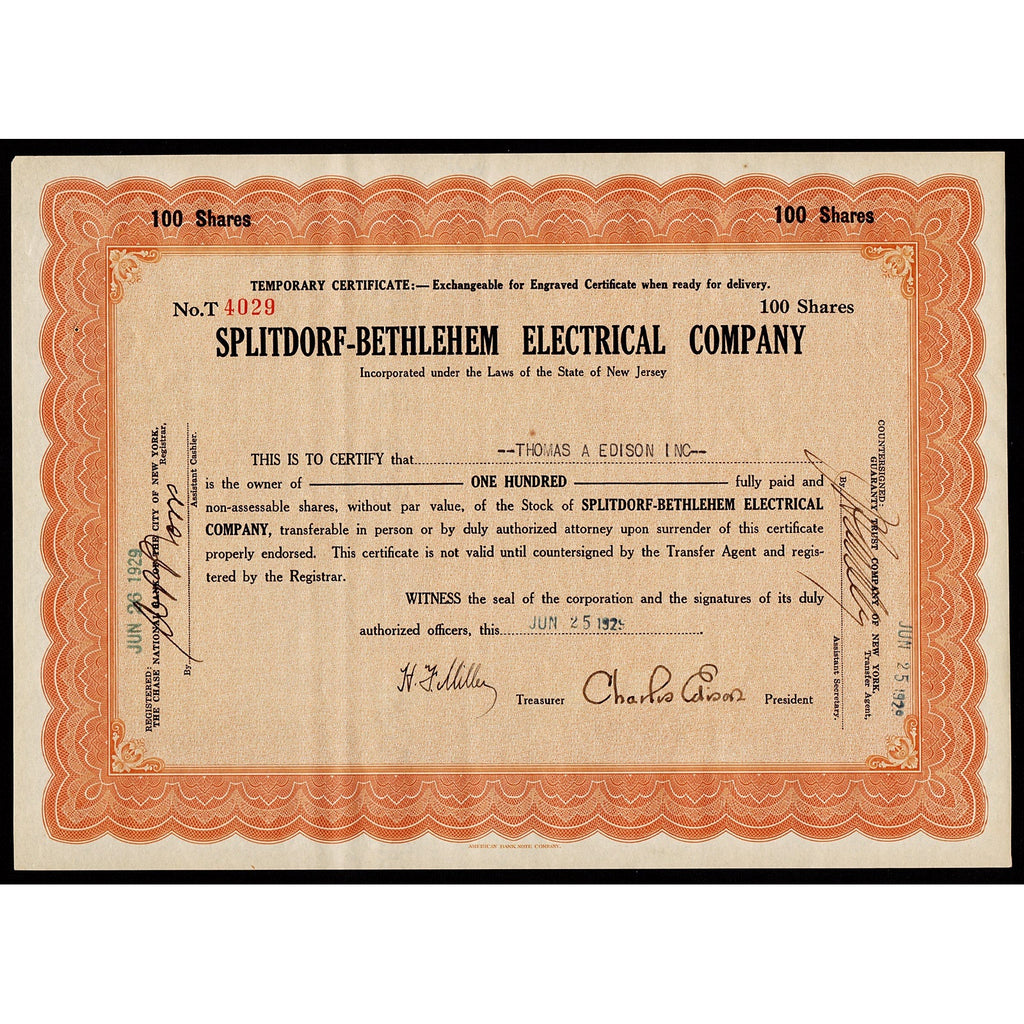 Splitdorf-Bethlehem Electrical Company (Charles Edison signature) Stock Certificate