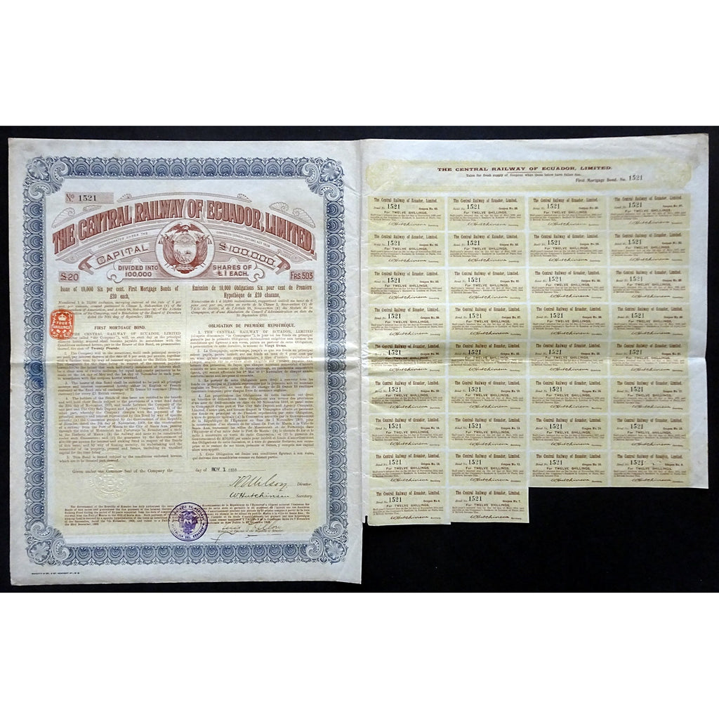 The Central Railway of Ecuador, Limited 1910 Bond Certificate