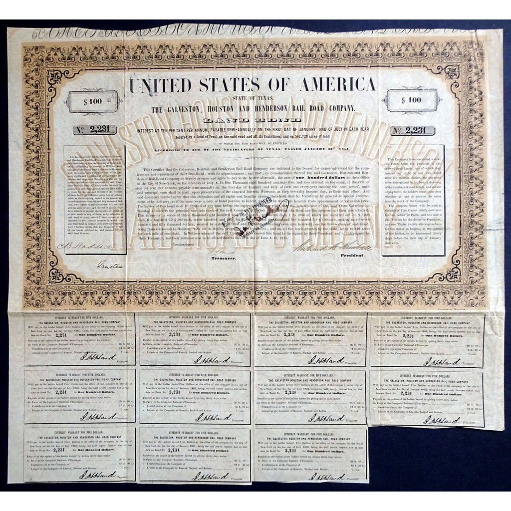 The Galveston, Houston and Henderson Rail Road Company - Land Bond 1855 Texas Stock Certificate