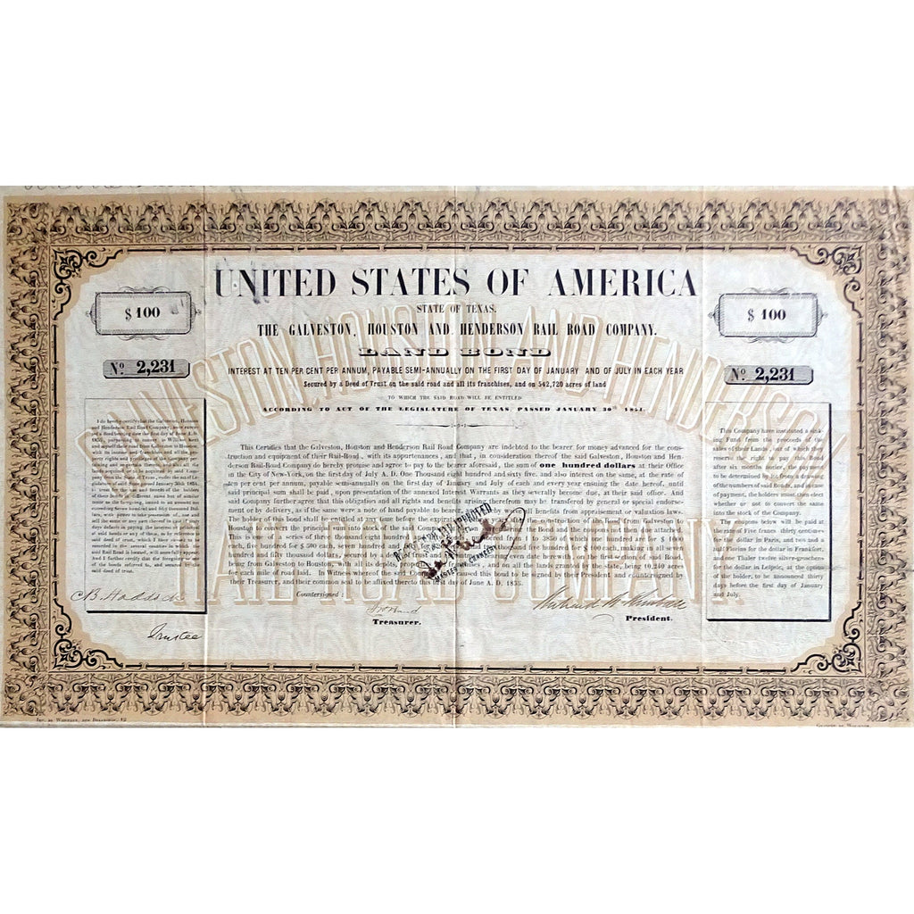 The Galveston, Houston and Henderson Rail Road Company - Land Bond 1855 Texas Stock Certificate