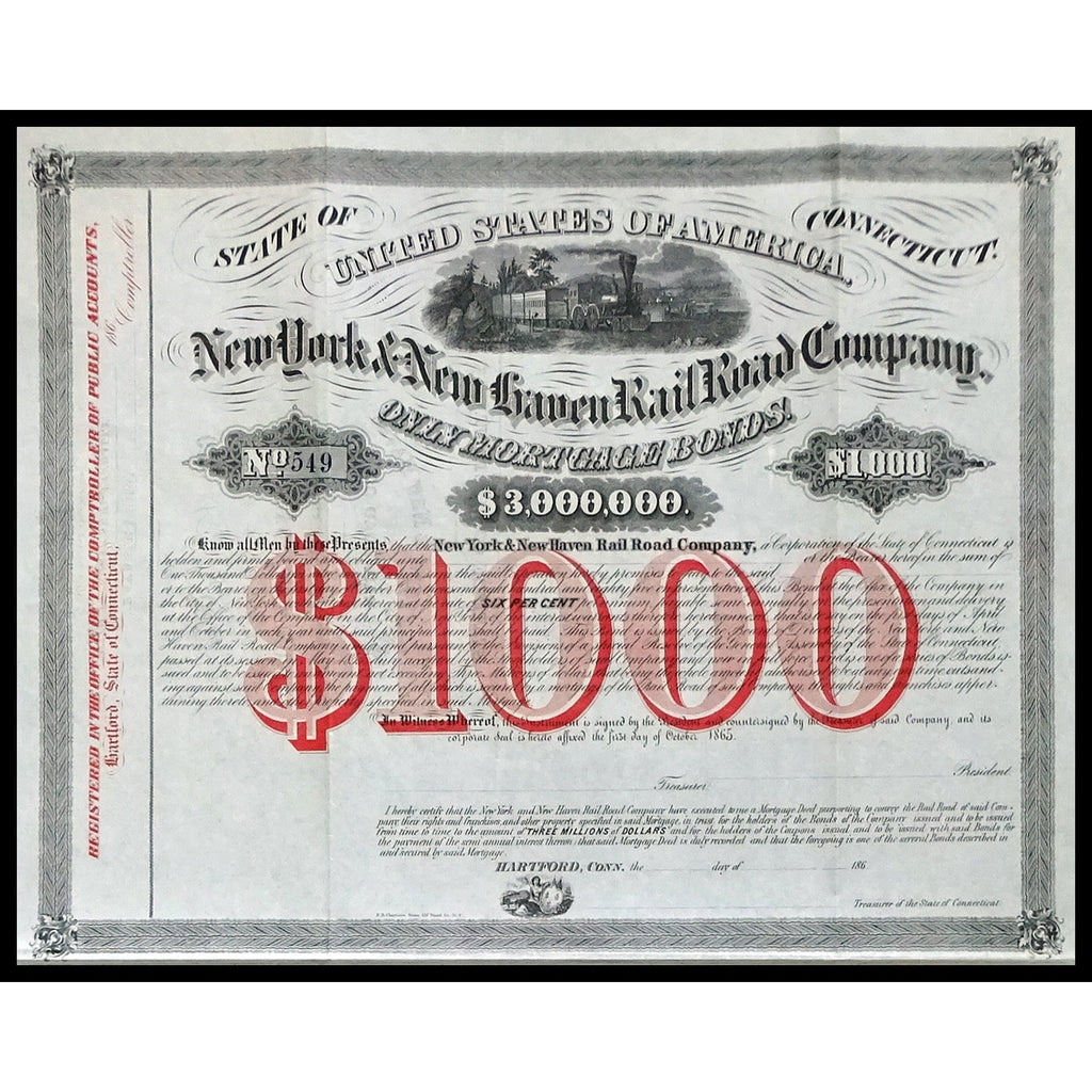 New York & New Haven Rail Road Company 1865 Connecticut Stock Bond Certificate
