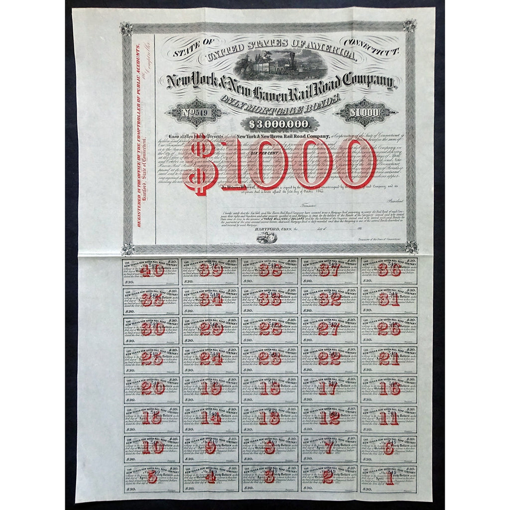 New York & New Haven Rail Road Company 1865 Connecticut Stock Bond Certificate