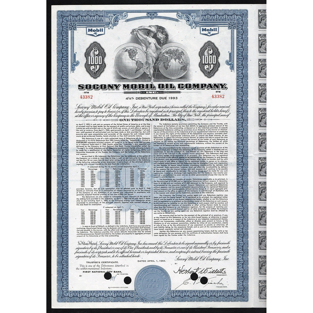 Socony Mobil Oil Company Debenture Bond Certificate
