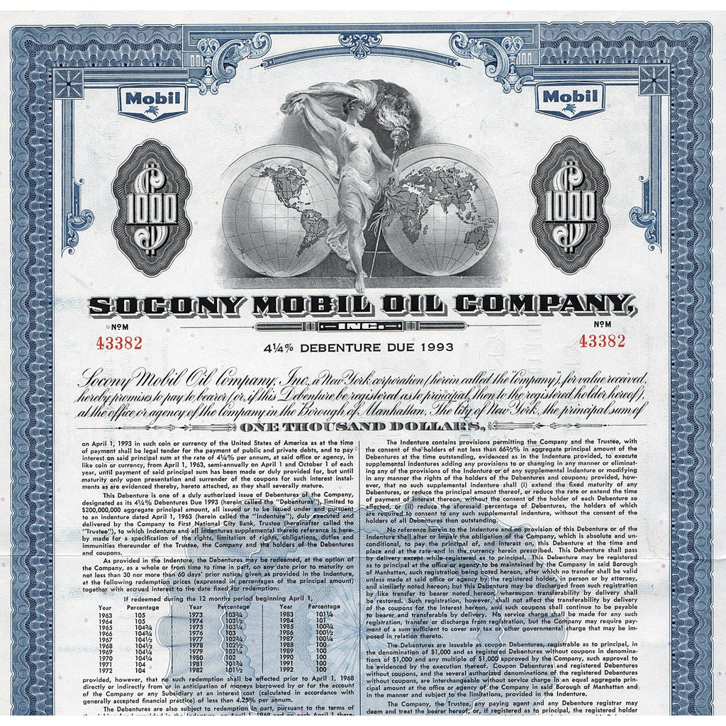 Socony Mobil Oil Company Stock Bond Certificate