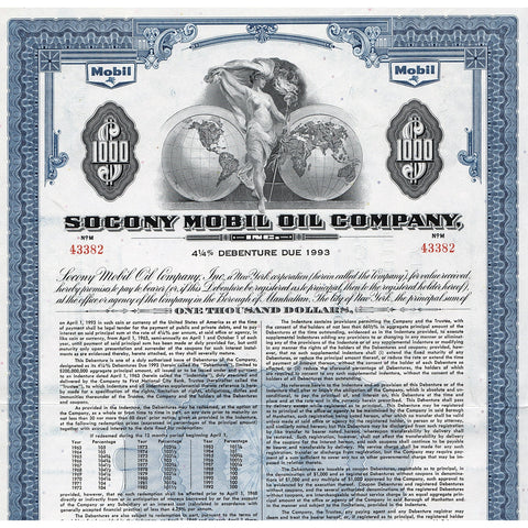 Socony Mobil Oil Company Stock Bond Certificate