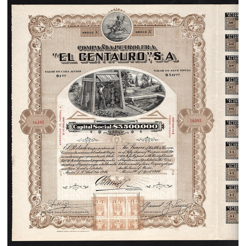 Compania Petrolera "El Centauro" 1916 Mexico Stock Certificate