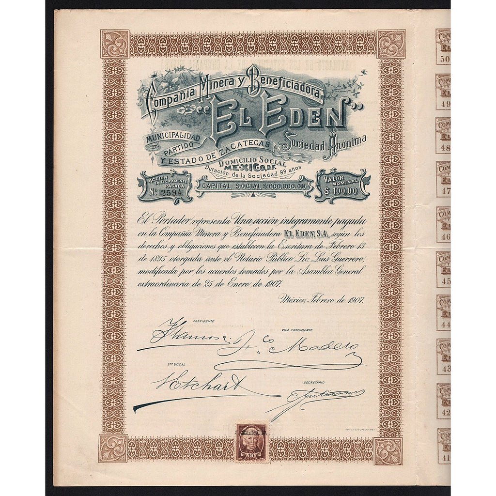 Compania Minera y Beneficadora "El Eden" S.A. 1907 Mexcico Stock Certificate