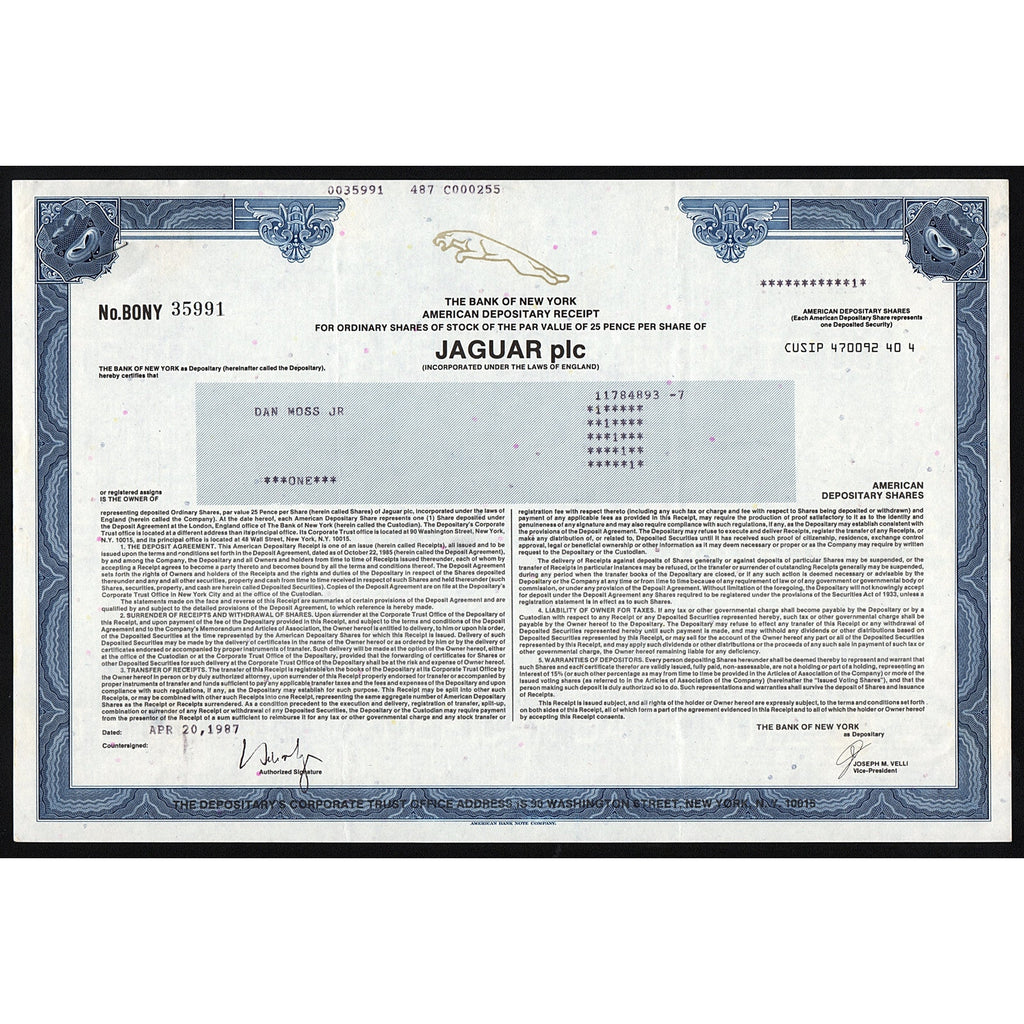 Jaguar plc Automobile Company England Stock Certificate