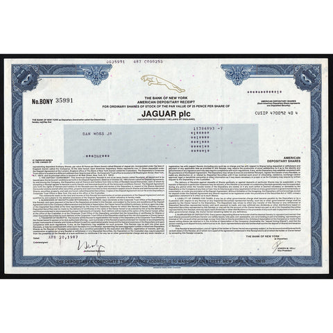 Jaguar plc Automobile Company England Stock Certificate