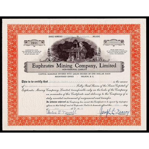 Euphrates Mining Company, Limited British Columbia Stock Certificate