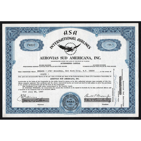 ASA International Airlines - Aerovias Sud Americana, Inc.  Stock Certificate