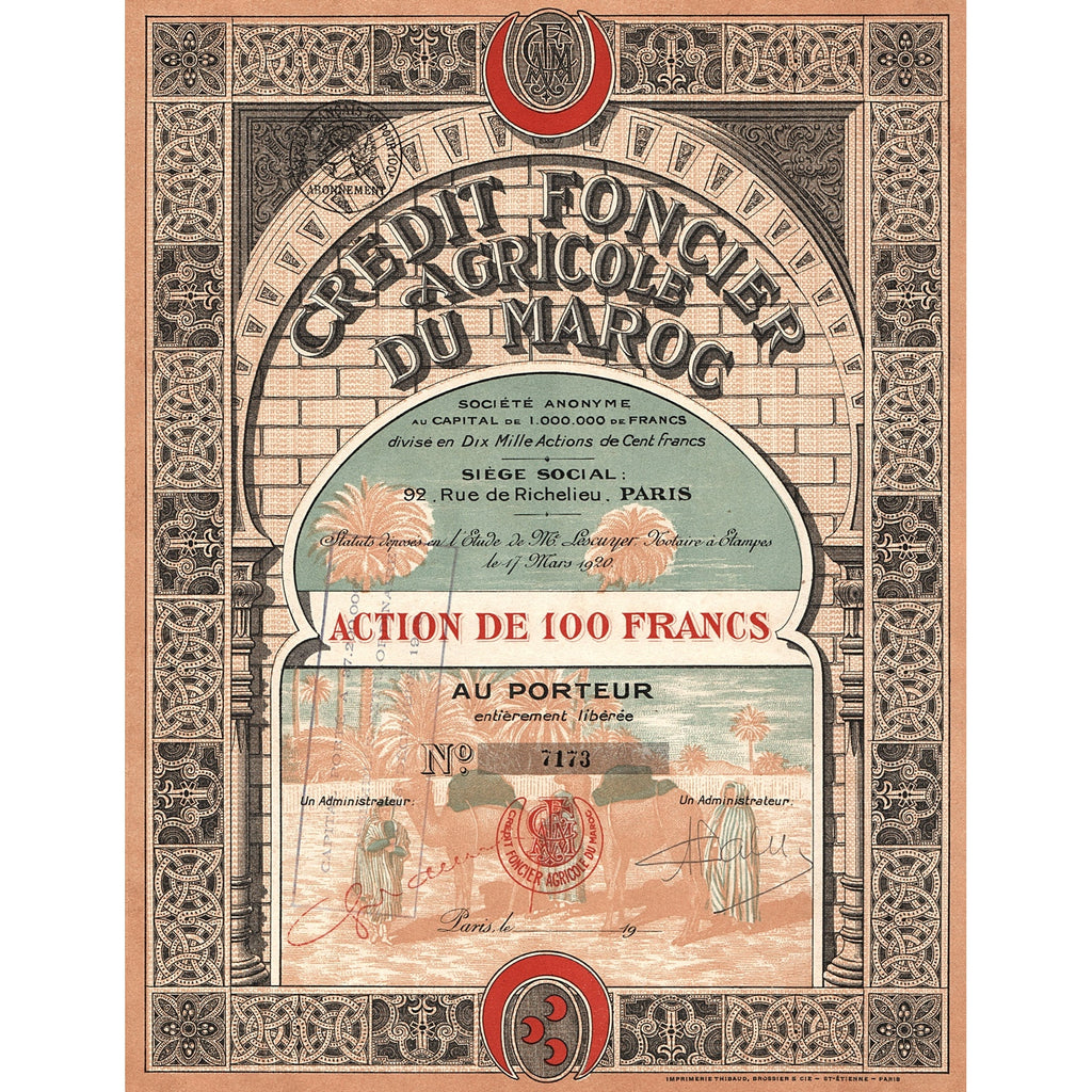 Credit Foncier Agricole du Maroc Morocco Stock Certificate