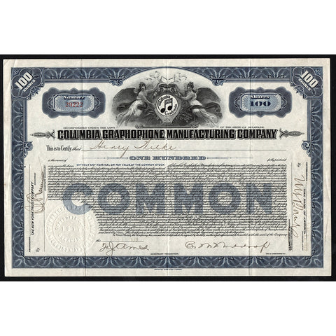 Columbia Graphophone Manufacturing Company 1923 Stock Certificate