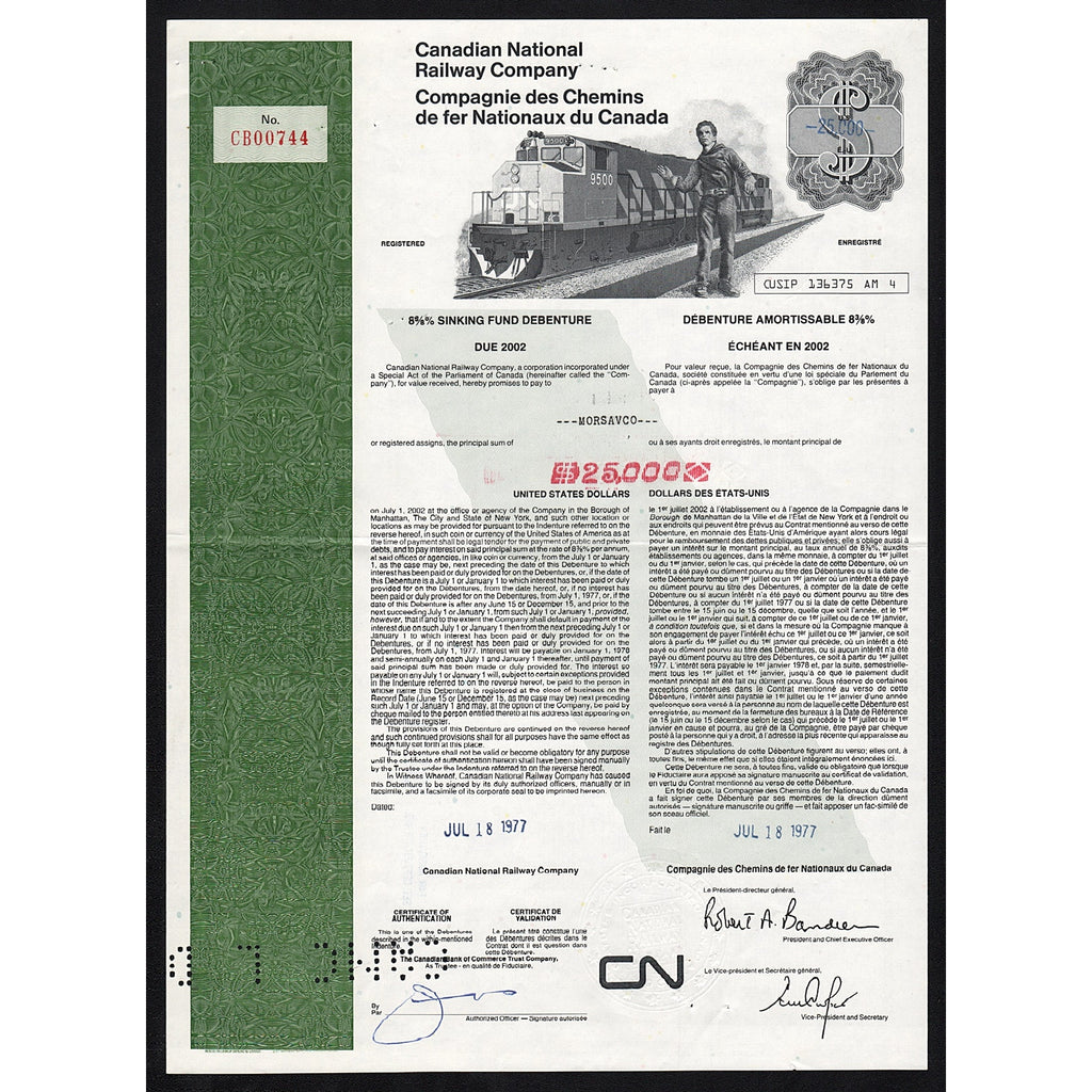 Canadian National Railway Company Debenture Canada Bond Certificate